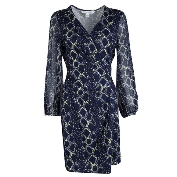 DVF Grid Print Blue Sigourney Wrap Dress - Picture 1 of 11